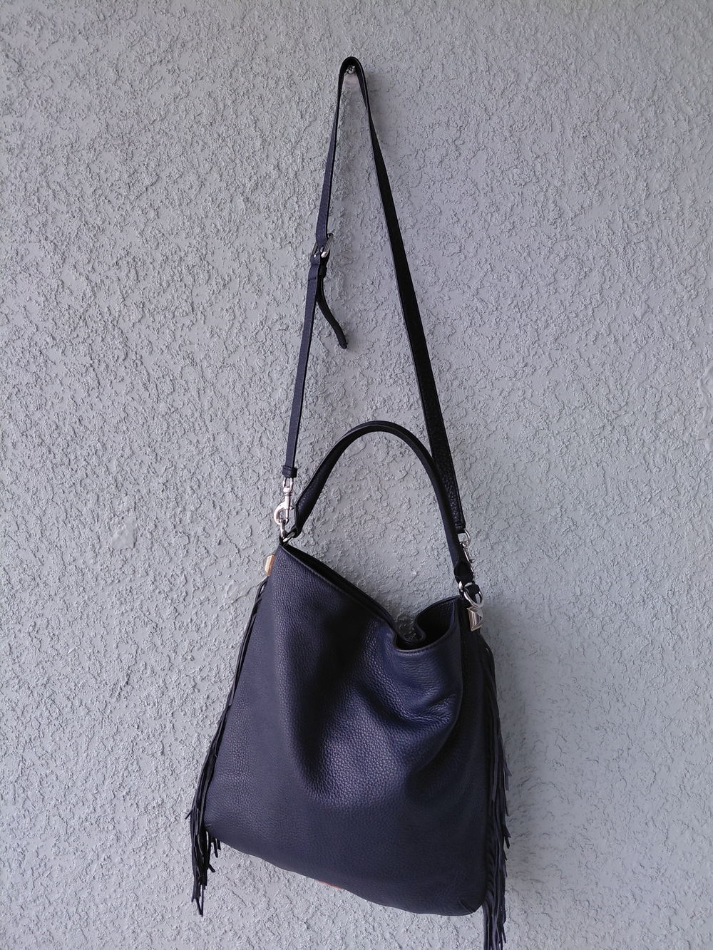 Rebecca Minkoff Navy Blue Genuine Leather Fringe Hobo Crossbody Bag Boho - Picture 6 of 14